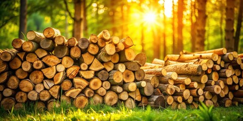 Aufkleber - Golden Hour Lumber Stack in a Verdant Forest