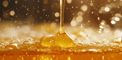 Wall Mural - golden liquid pouring into a glass, creating bubbles and splashes.
