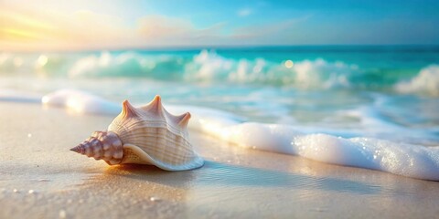 Poster - Seashell on the shore during a calm sunrise, gentle waves lapping the sand