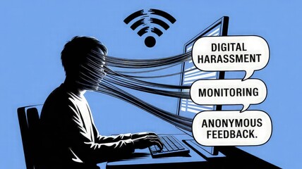 Poster - Digital Shadows: A shadowy figure sits hunched over a glowing monitor, entangled in a web of online surveillance and digital harassment, representing the unseen perils of the digital world.
