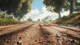 Realistic dirt country road viewed from ground level rustic rural pathway with earthy texture and greenery on sides