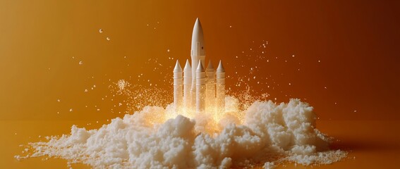 Wall Mural - rocket launch at sunset, multiple rockets ascending into the sky, leaving a trail of smoke and fire.