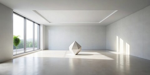 Fototapete - Empty room with large window, sunlight streaming in, featuring a minimalist geometric sculpture