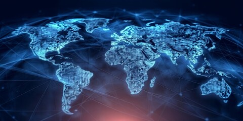 Poster - digital world map with glowing blue continents and interconnected network lines on dark background