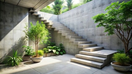 Aufkleber - Modern Concrete Staircase in a Sunlit Courtyard with Lush Greenery