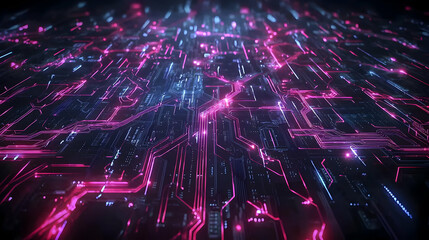 Fototapete - Abstract Circuit Board Design With Glowing Neon Lights