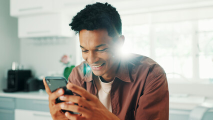 Poster - Dating app, reading or happy man texting with mobile in home on social media application or subscription. Smartphone, search or person with flirty message for post, chat and online romance website