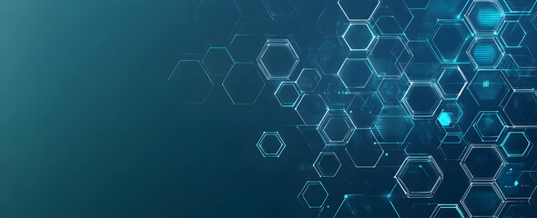 Poster - A blue background with hexagons and icons representing technology