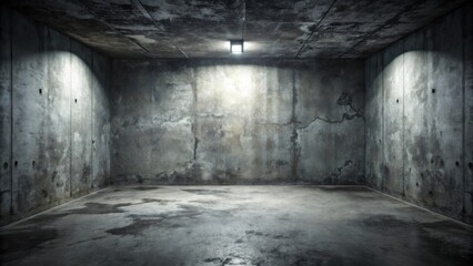 Poster - A dimly lit, grunge concrete room with a single overhead light source, showcasing textured walls and a weathered floor, perfect for a dramatic or mysterious setting.