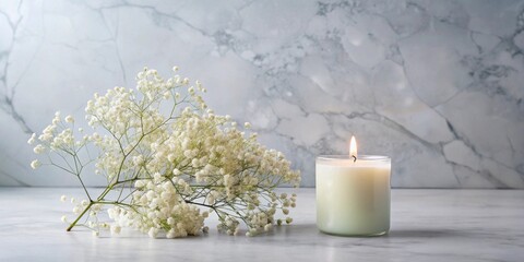 Aufkleber - Serene ambiance a lit candle and delicate white flowers on a marble surface