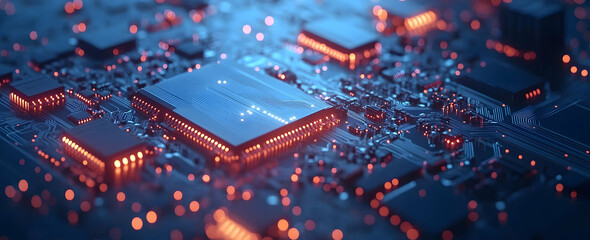 Poster - Abstract blue background with a circuit board and glowing dots