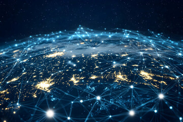 Poster - abstract technology background with connected dots and lines forming a global network structure