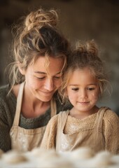 a mother and her little daughter baking together - candid lifestyle photo