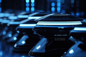 Poster - Futuristic technology display with sleek, illuminated devices in a dark environment