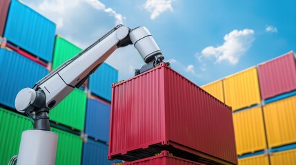 Poster - Robotic arm handling cargo containers in warehouse