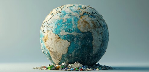 an stock image of a polluted planet earth surrounded by garbage on a grey background with copy space