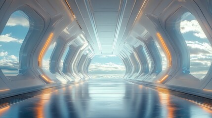 A futuristic hallway with windows showing a cloudy sky view