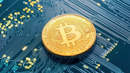 Poster - Golden bitcoin coin on circuit board background