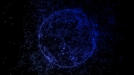 Poster - Abstract blue sphere on black background. Wireframe circle structure with glowing particles and lines. Futuristic digital illustration. 3D rendering.