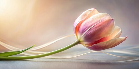 Poster - A single delicate tulip rests gracefully on a soft, undulating surface, bathed in warm, ethereal light, its petals exhibiting a subtle blend of peach and rose hues