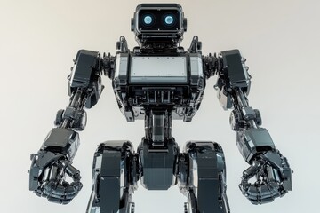 Poster - Robot stands upright showcasing advanced joint mechanics and sleek design in a studio setting