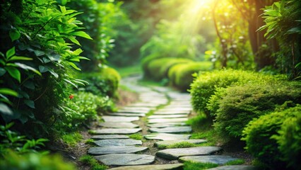 Poster - Serene Garden Path, Sunlight Dappled, Winding Stone Walkway Through Lush Greenery, Tranquil Nature Scene, Peaceful Pathway