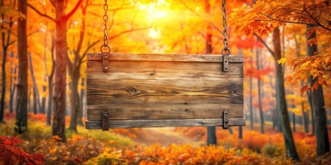 Aufkleber - Rustic Wooden Sign Hanging in a Vibrant Autumn Forest, Perfect for Fall Season Announcements or Seasonal Messages
