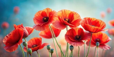 Poster - Vibrant Red Poppies Blooming in a Summer Field, Illuminated by Soft Sunlight, Creating a Serene and Peaceful Atmosphere