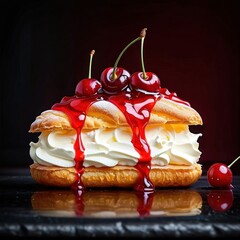 Poster -  Cherry dessert with whipped cream and cherries on top.
