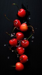 Aufkleber -  A bunch of red cherries on a black background.