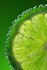 Fototapete -  A green lime wedge floating in a glass of bubbly water, with droplets on the surface.