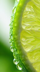 Poster - a close-up of a lime slice with water droplets on it, set against a blurred green background.