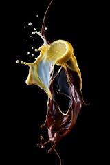 Poster - a dynamic scene with a lemon in the foreground, partially submerged in a dark, liquid substance. The background is black, highlighting the contrasting colors and action in the scene.