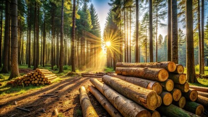 Aufkleber - Sunbeams illuminate a forest path where stacks of felled logs rest, showcasing the contrast between harvested timber and the remaining trees.
