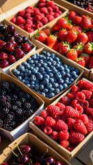 Aufkleber -  A box filled with various types of berries, including blueberries, raspberries, and blackberries.