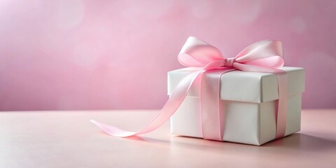Poster - A delicately tied pink ribbon adorns a pristine white gift box, resting on a soft pink surface, creating a serene and celebratory scene.