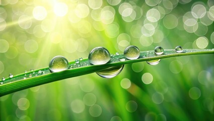 Poster - Morning Dewdrops on a Blade of Grass, Sparkling in the Sunlight, Reflecting the Vibrant Green Surroundings