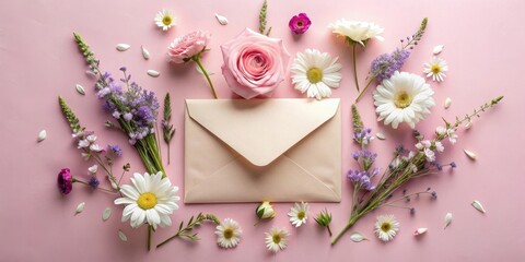 Poster - Pastel Pink Envelope Surrounded by Delicate Blossoms and Wildflowers, a Serene Floral Arrangement on a Soft Background