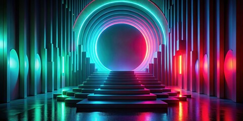 Aufkleber - Abstract Neon Stage Design with Illuminated Steps and Geometric Walls