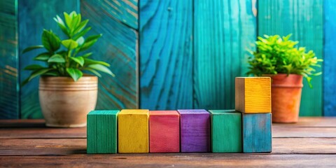 Poster - Colorful Wooden Blocks Arranged in a Step-like Formation Against a Teal Wooden Background with Potted Plants
