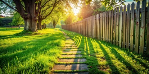 Poster - Serene sunset stroll along a stone pathway, bordered by lush green grass and a rustic wooden fence, bathed in golden sunlight.