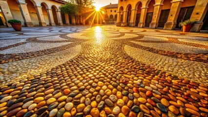 Aufkleber - Golden Hour Serenity Sunlit Pebble Pathway in a Courtyard with Arched Colonnade