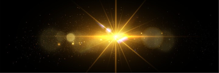 Aufkleber - Golden glowing light explosion with radiant beams and lens flare on a transparent dark background. Perfect for abstract, festive, and digital designs.