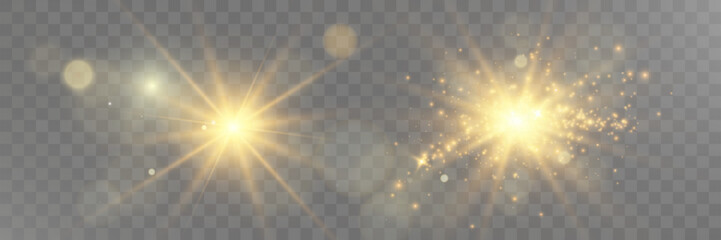 Aufkleber - Golden glowing light explosion with radiant beams and lens flare on a transparent dark background. Perfect for abstract, festive, and digital designs.