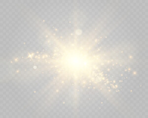 Aufkleber - Golden glowing light explosion with radiant beams and lens flare on a transparent dark background. Perfect for abstract, festive, and digital designs.