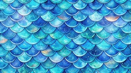 Poster - A Seamless Pattern of Aquatic Scales in Vibrant Hues of Blue, Featuring a Watercolor Texture and Subtle Speckles