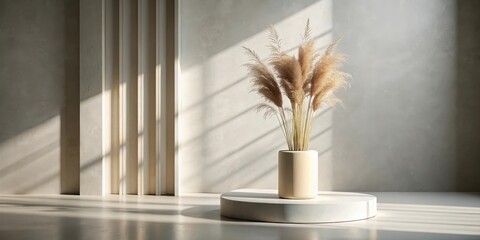 Fototapete - Minimalist interior scene with pampas grass in a beige cylindrical vase on a white pedestal