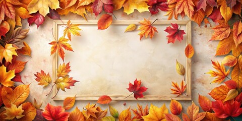 Poster - Autumnal Frame Featuring Vibrant Fall Foliage Arranged Around a Blank Wooden Sign Perfect for Seasonal Announcements or Greetings