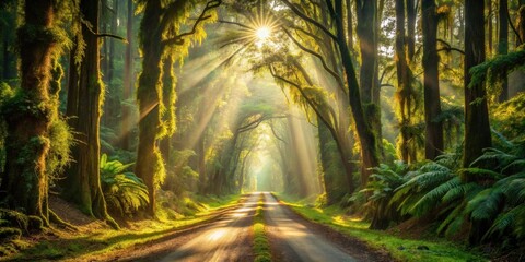 Aufkleber - Sunbeams Illuminate a Mystical Forest Road, Lush Greenery and Ancient Trees Create a Serene and Magical Atmosphere
