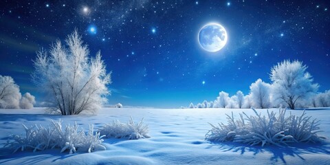 Aufkleber - Serene Winter Night Landscape Frost-Covered Trees Under a Bright Moon and Starry Sky